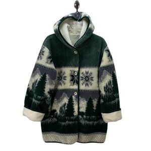 Fleece Winter Landscape Bear Moose Hooded Reversible Jacket M Oversized Cabin‎